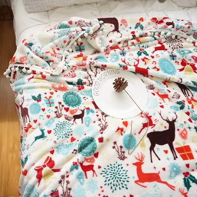 Christmas Plush Blanket With Pom Poms